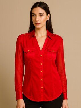 Caché Vintage Red Silk Button Blouse Gold Button Dressy Luxe Holiday Party Top M